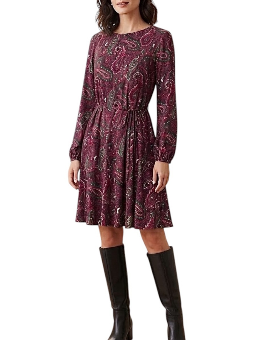 Tommy Hilfiger Womenโs Black/Purple Paisley Long Sleeve Fit & Flare Dress 12